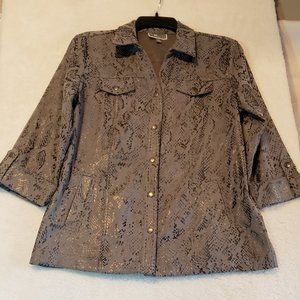 JM Collection Women's Blouse Olive Green (OD Green) Snakeskin Metallic P\M